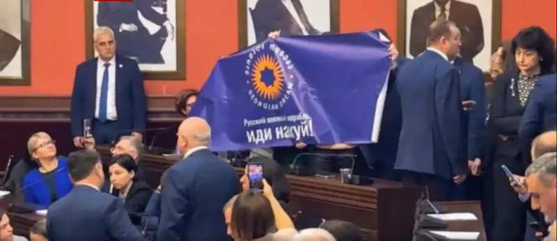 Саломе Самадашвили, Эка Херхеулидзе и Хатуна Самнидзе развернули на заседании комитета плакат с надписью «Русский военный корабль иди на...»