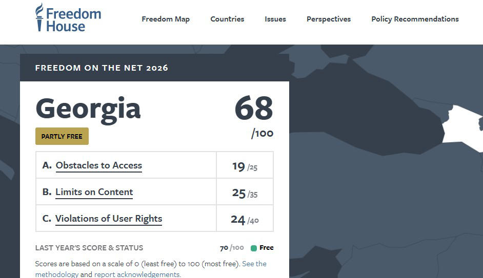 Freedom House-ის ანგარიშის თანახმად, საქართველოს ინტერნეტის თავისუფლების სტატუსი „თავისუფალის“ ნაცვლად „ნაწილობრივ თავისუფალი“ გახდა